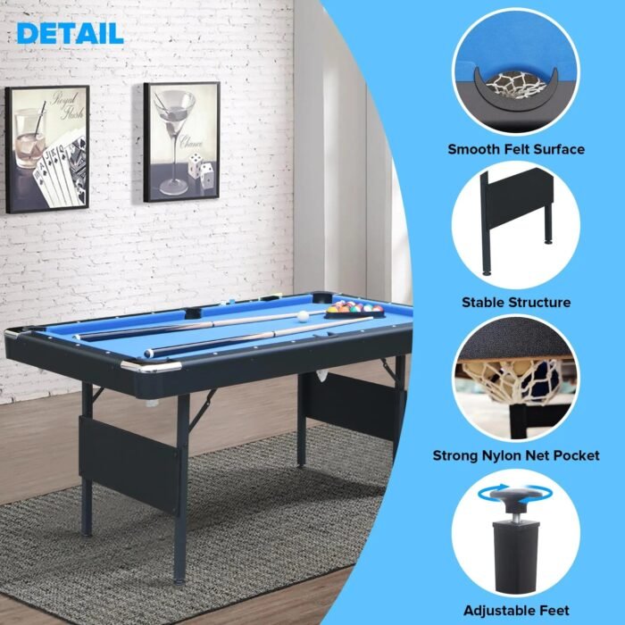 Ditkoko Billiard Table, 65.75" Folding Pool Table with with Balls, Cues, Chalk, Brush and Triangle, Pool Table Set for Family Game Room, Adult Rrec Room, Basements, Man cave or Garage gordeo