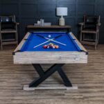 American Legend Kirkwood 84” Billiard Table with Rustic Blond Finish, K-Shaped Legs and Royal Blue Cloth gordeo