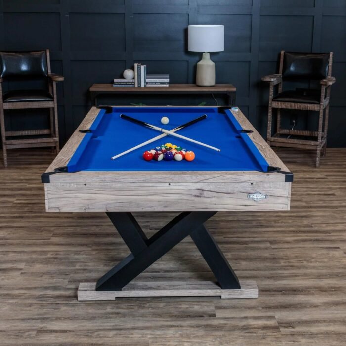 American Legend Kirkwood 84” Billiard Table with Rustic Blond Finish, K-Shaped Legs and Royal Blue Cloth gordeo