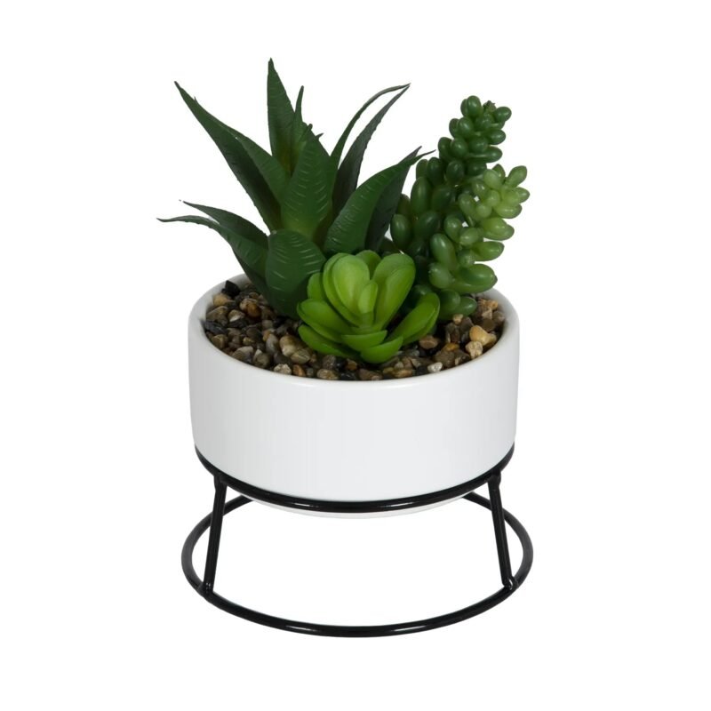 Mainstays 6.5" Artificial Mixed Succulents in White Ceramic Planter with Black Metal Stand gordeo