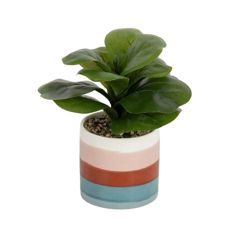 Mainstays 9" Artificial Fiddle Fig Plant in Multi-Stripe Ceramic Pot gordeo